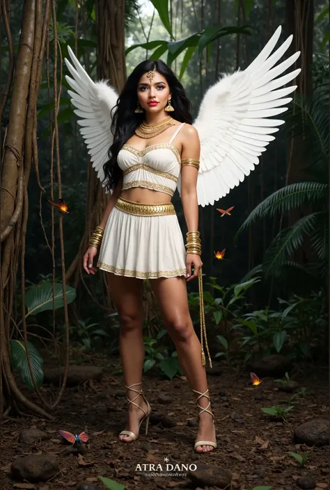 full body portrait photo a beautiful 28 year old indian young adult girl with white birdlike wings standing in a dense jungle,