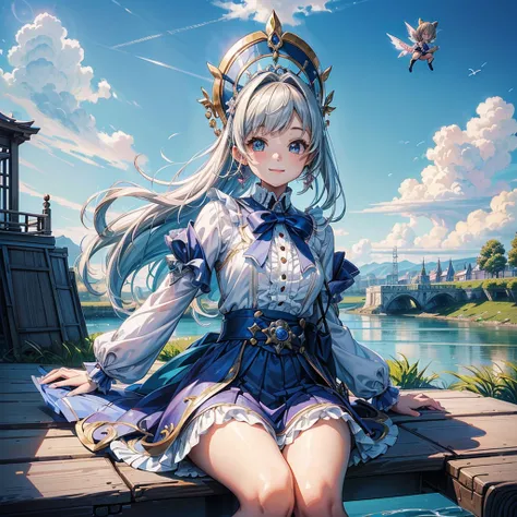 1girl, pretty face、Baby Face、((( dynamic best composition 、 super detailed、 best quality、 greatest masterpiece、 high definition、 perfect anatomy )))、 sitting beside the natural Nakagawa River and playing with fairies、Chibi、cute、smile、fun、like、