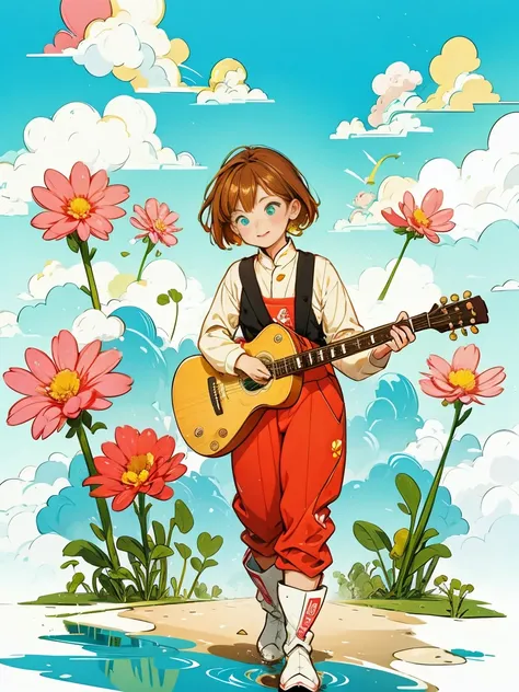  1 girl,flower, tree, 地上car両, rabbit, Outdoor,  Pink Flowers ,  brown hair, cloud, glass,  Long Sleeve , null, vest,  yellow flower , 自動car, day, Red Flower,  blue null, holding,  boots, Home, pants, smile,  standing, car, Soft and warm colors , Smooth Lin...