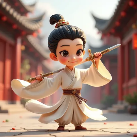 A charming cartoon character depicted as a swordsman, white dressed in traditional Chinese attire, is performing a sword-drawing action while looking down. This character features beautiful eyes and a little smiling expression, set against blur ancient vin...