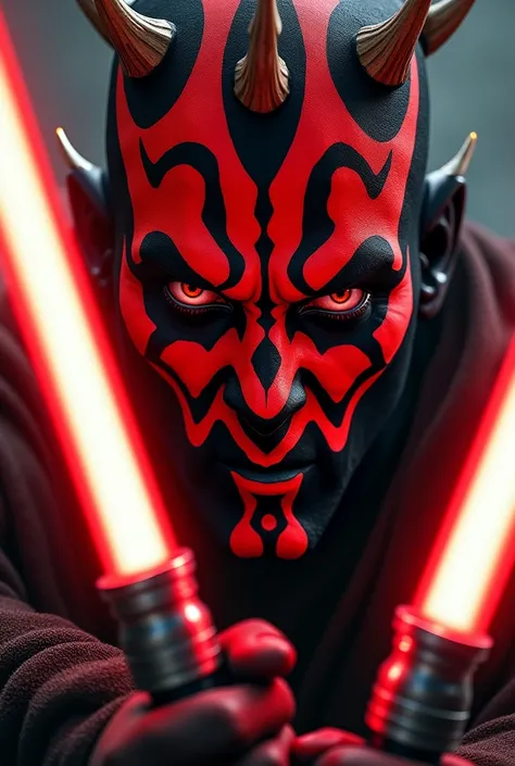 Darth maul with his lightsaber that is like a portrait and very detailed for a drawing reference. Close up on his face but with the lightsaber still in view or with it reflecting on his face. Extremely menacing and like an extremely realistic photo