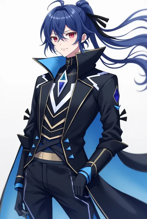 An anime young man with red eyes represents long indigo hair attached to a black ribbon to the top with a ribbon containing a white triangle and another indigo  , He has fair skin and wears all the fictional black, indigo and white clothes, which consists ...