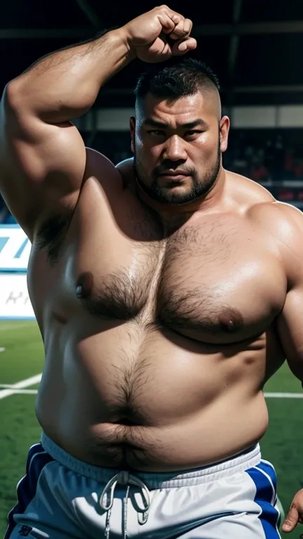 fat asian middle aged male rugby player。Huge belly。 huge muscles。Shaved Head。 handsome。Droopy eyes。A gentle face。Ground。 Details。Precise depiction。 highest resolution。Maximum number of pixels。 Best Picture Quality 。 hyperreal 。 photorealistic 。