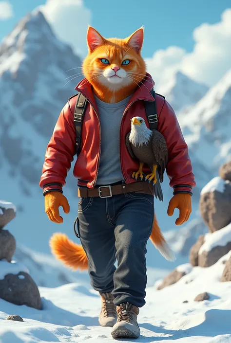 In cinematic 3D style, HD image, realistic image ,colourful image.
Character, a muscular,anthropomorphic orange cat,,wearing a red half jacket and black jeans,
Action,There are snow mountains all around you Muscular Johnny Orange Big Cat is holding huge Hy...