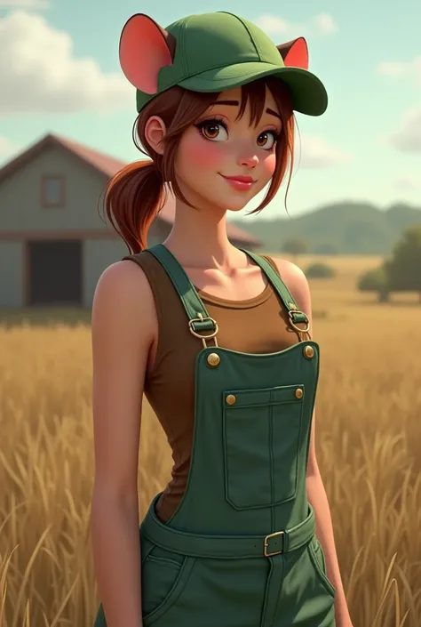 (photorealism:1.2), ((realism:1.2)) most beautiful woman, actual rat ears, furry art, handsome features, beautiful girl, brown auburn hair, brown sleeveless length shirt, ((best quality)), (realisticlying)), (detailed) actual sage green colored overalls, g...