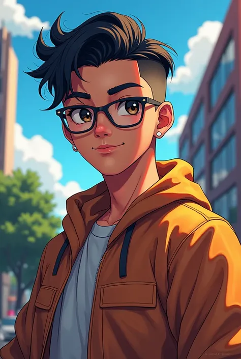 anime character with side taper fade haircut and with glasses and filipino brown skin