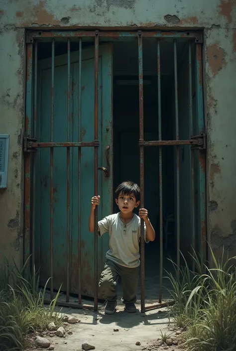 Boy desperate to open the gate in an abandoned hospital and wants to escape