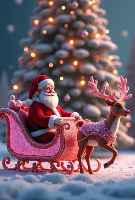 Santa is riding a large pink diamond sleigh in front of the Christmas tree, and Rudolph, with a pink diamond decoration on his body, is dragging the sleigh in front of him