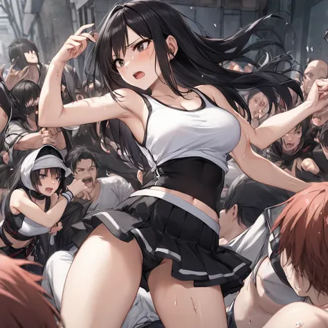 Tifa gets hit by lots of guys 。Shes full of wounds 。She has an expression of pain 。A lot of guys flock to her。punch her all over。Shes in critical condition 。She sweats 。Siege her 。 she has long black hair 。 shes wearing a white buttocks tank top。Shes weari...