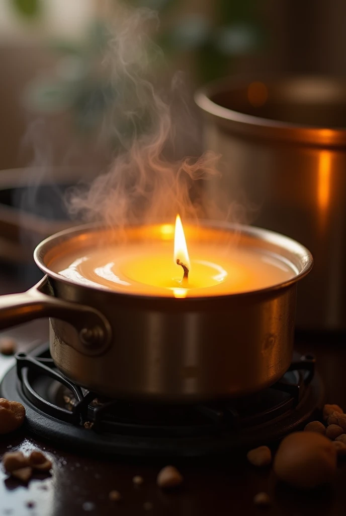 Step 3: Melting Candle Wax
     •    Melting: In a double boiler, melt 100 grams of candle wax over low heat until it is completely liquefied, ensuring even melting to prevent burning.

