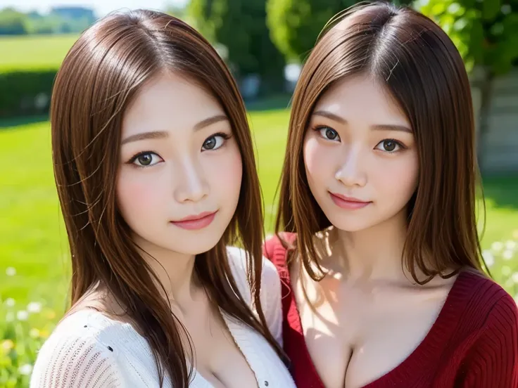 (2 girls), Young faceอินโดนีเซีย,  ,smile, White skin, Round chest,  Blue Eyes ,((  wearing a red single-breasted sweater, saw the chest.)) masterpieces ,  top quality , 8k, Beautiful girl, Young face、 Take a photo, Cute face, Thigh,In the grassland, Shame...