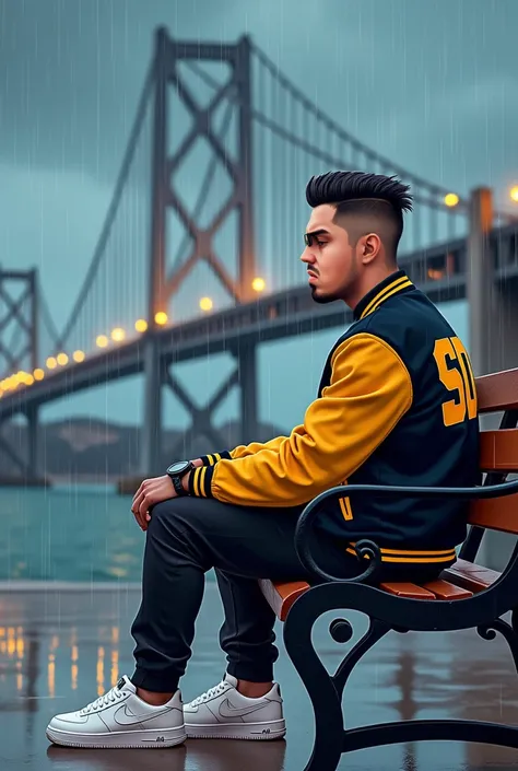 Tip: A Mexican American 5 foot 6 medium skinny build man with a pompadour skin fade hairstyle and goatee sitting down from the bench watching the Coronado Bridge from San Diego, California.. with rain, The illustration is a high definition illustration wit...