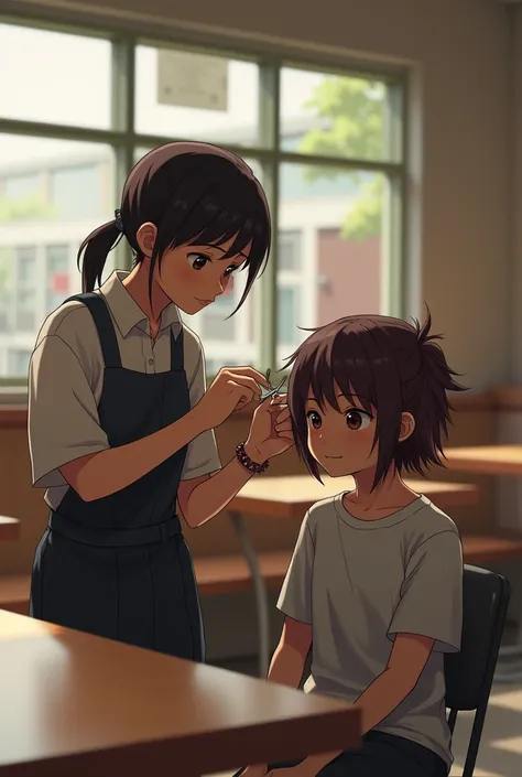 My friend cutting my hair with scissors in the cafeteria!