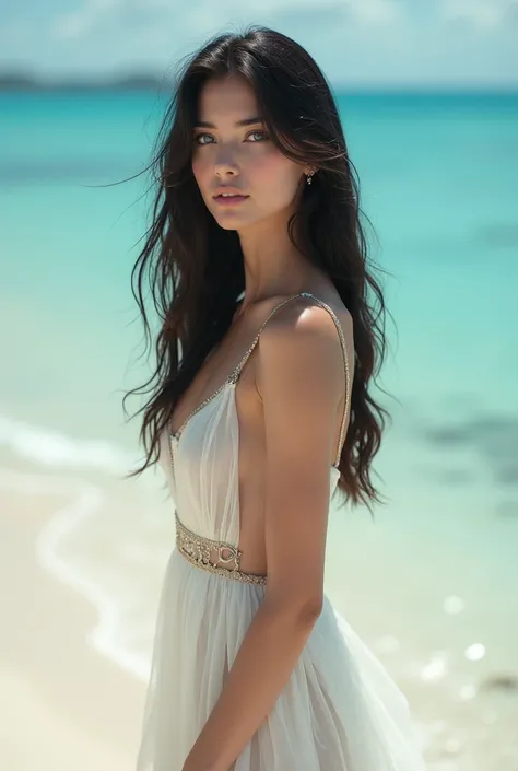 a beautiful woman with black hair and blue eyes looking at the horizon wearing a very small white and transparent dress,  on a paradisiacal beach. 