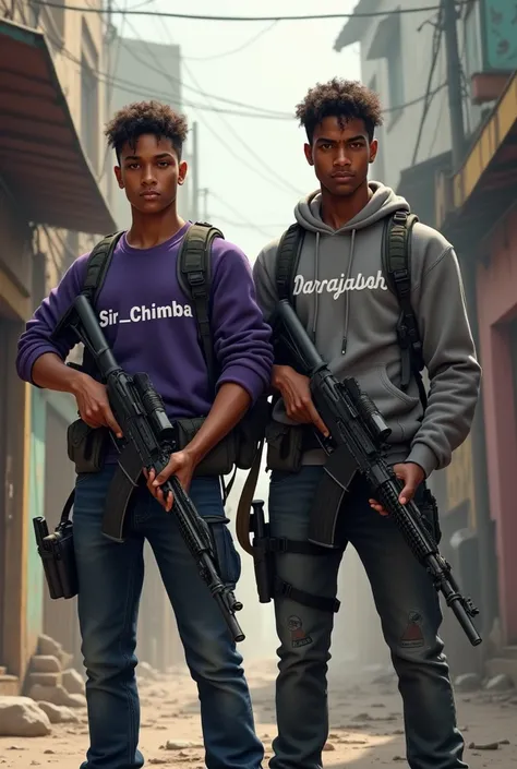  Two heavily armed young men ,  a young man wearing a purple shirt written sir _Chimba ,  another young man wearing a sweatshirt written darrajadah,  in front of a favela  