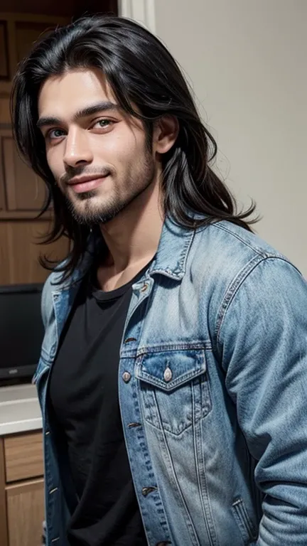 A man, with tanned skin, trimmed beard, handsome, muscular, with long black hair with big blue eyes, has a big sensual smile, is wearing a jean jacket and a black t-shirt, is quite tall.