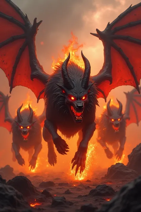 Wild group of devil dog with fire and wings
