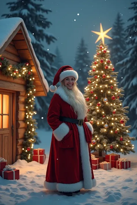  Real woman Santa Nicholas snow snowing wooden hut fir tree with bright installations gifts outside at night 