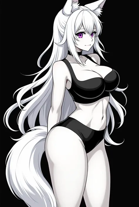 sexy mature anime woman, masterpiece, best quality, big breasts, ((no jewelry)), ((bare neck)), ((no necklace),, ((no collar)), perfect hair, long white hair, street clothes, white fox ears, limited color, thighs, purple eyes, seductive, minimal color ((br...