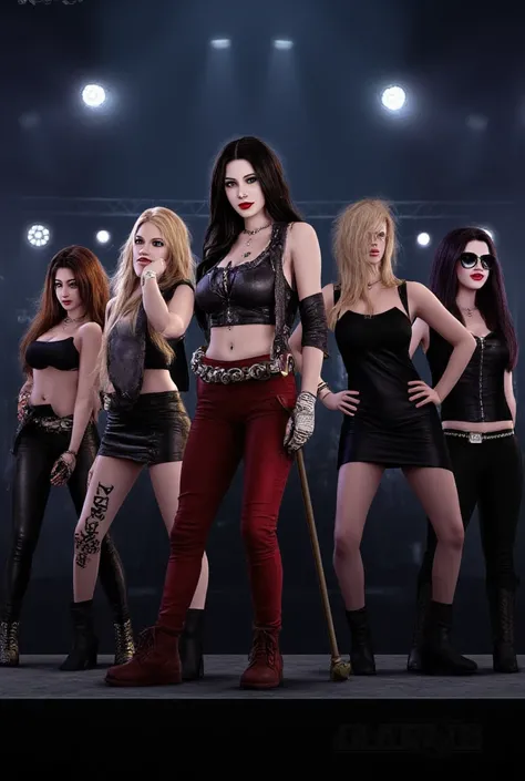 HEAVY metal band, 5 members standing, all female, ((sexy poses)), 