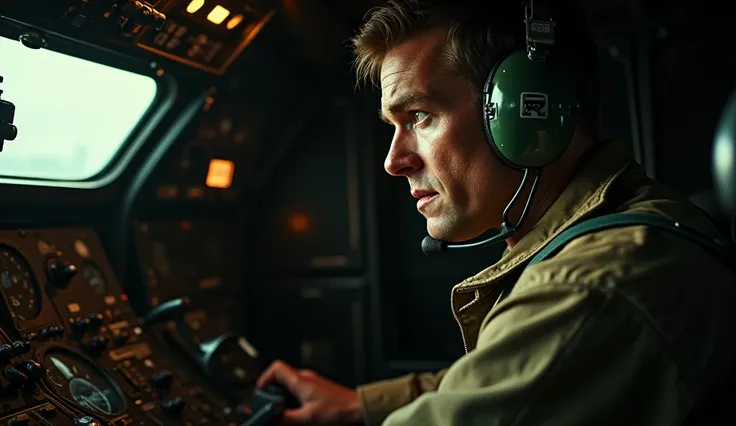 Close-up of a pilot in a 1940s bomber cockpit, looking concerned, gauges glowing, cinematic, UHD, highly detailed."
