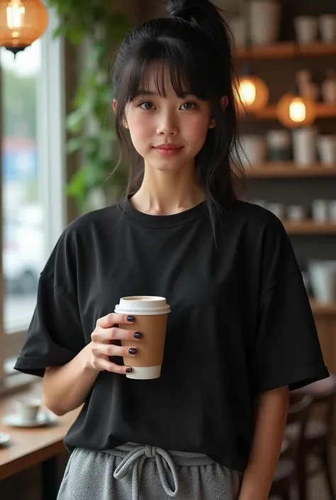  young girl, 24 years old,  black hair in a ponytail  (without bangs),  athletic build , goosebumps ,  in a black oversized T-shirt not tucked into pants and wide knitted sweatpants,  gray pants with all details  ( ultra realistic ),   in the morning reali...