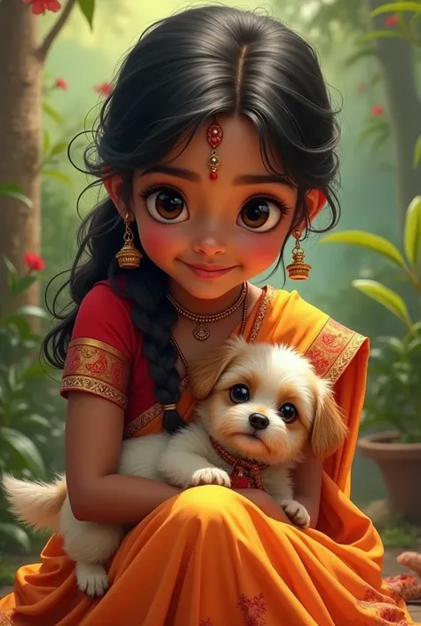 Small girl with indian traditional dress holding dog in her lap