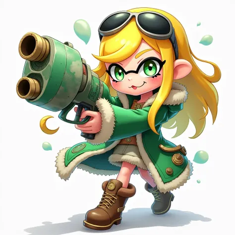  squid girl with splatoon 、 yellow hair with long left bangs 、 round forehead sunglasses 、 green coat with fur 、 brown boots 、ハイドラントを持つ、 hydrant is a weapon like a machine gun