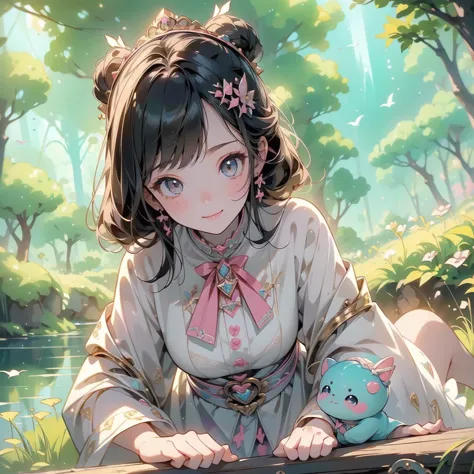 1girl, pretty face、Baby Face、((( dynamic best composition 、 super detailed、 best quality、 greatest masterpiece、 high definition、 perfect anatomy )))、 sitting beside the natural Nakagawa River and playing with fairies、Chibi、cute、smile、fun、like