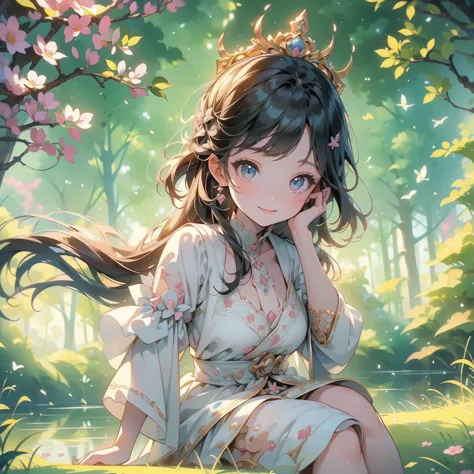 1girl, pretty face、Baby Face、((( dynamic best composition 、 super detailed、 best quality、 greatest masterpiece、 high definition、 perfect anatomy )))、 sitting beside the natural Nakagawa River and playing with fairies、Chibi、cute、smile、fun、like