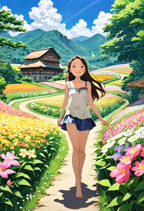 masterpiece、 best quality、 super detailed、  Oil Paintings of Beautiful and Wonderful Scenery 、 Studio Ghibli Style 、 Blue Sky and White Clouds 、Winding road、Flower Road 、 Lots of Flower Fields by the Roadside 、A block of ice floats in the distance , are li...