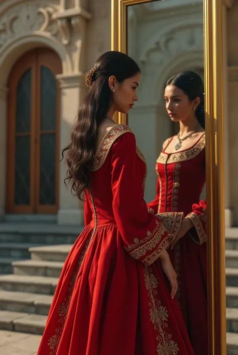 Woman wearing red Renaissance coat holding mirror behind as mansion
