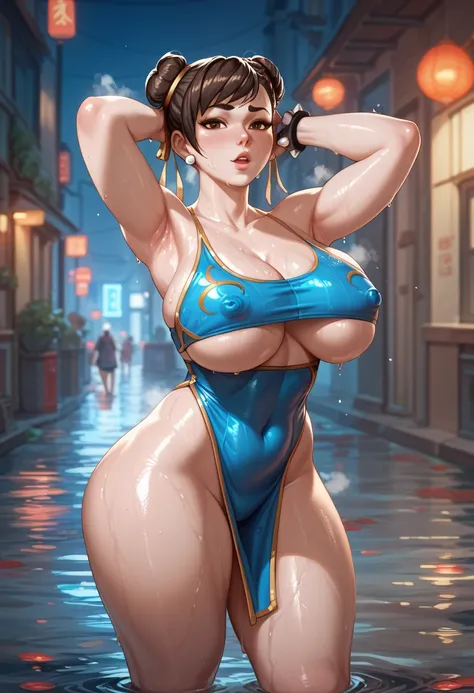 mei from overwatch, wearing chun li dress, Female sexy, massive sweat, sweat covered body, moist skin, reflective skin, shiny skin, hot, hot weather, on the street in the alley, city background