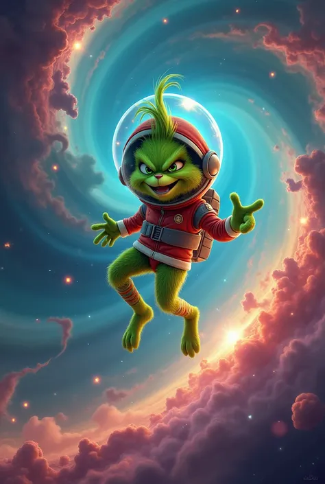 Grinch in outer space, wearing space suit, psychedelic colors