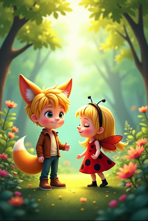 Un enfant blond renard, une enfant blonde coccinelle, forêt, clipart 