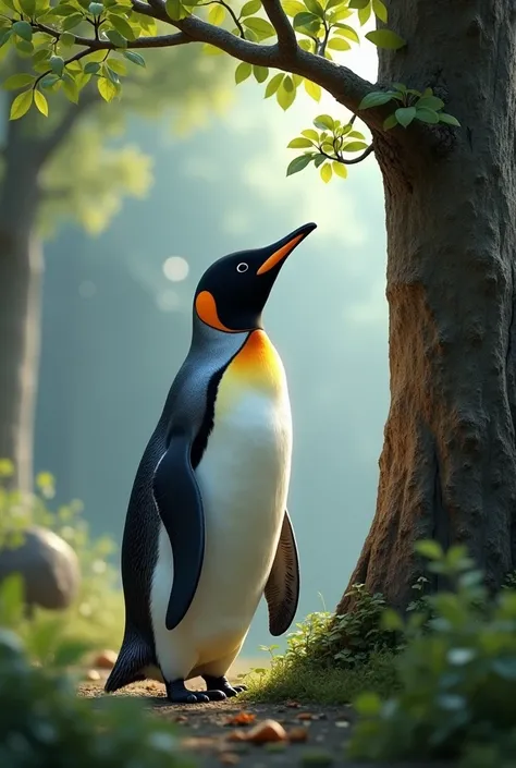 A penguin , Who stands next to a tree and looks up, As if he is thinking of climbing up  