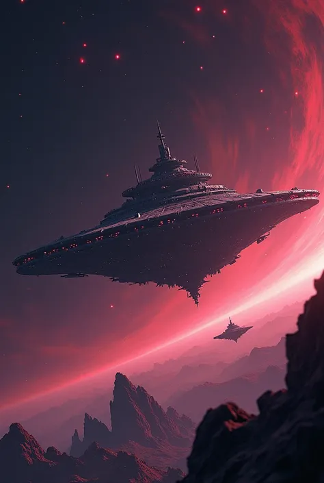 Anime Aesthetics,  Huge Honeycomb Spaceship ,  Floating Near Stars in Hans Giegger Style, Space landscape,  Dramatic Scene , Giant Starship ,  Dark Red Stars in Background , curve, Science Fiction, Science Fiction小说,  beautiful view, Wide Angle, From the s...