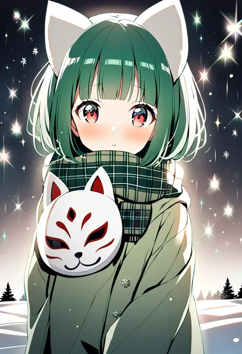 1girl, Alone, bangs, black green hair, short hair,Pale red eyes, eyebrows visible through hair, sparkle,snowy town, glint, lens flare, plaid scarf, blunt bangs,aihara tsubaki（unseen）,Green off-shoulder kimono, muffler ,Fox Mask,embarrassed