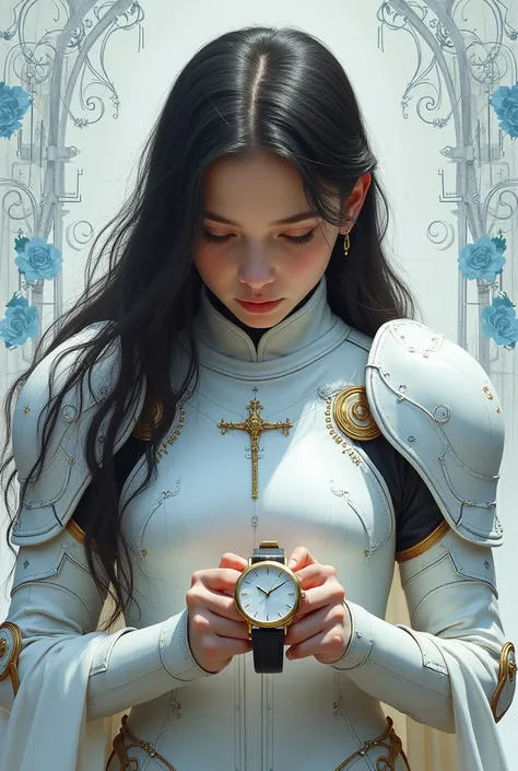 front_watch, Masterpiece, best quality, realistic, raw photos, (9 girl, looking at watcher), long hair, White armor, Complex armor, The pattern is a delicate blue line., Intricate patterns, Red metal parts, As for the details, dynamic gesture, Detailed bac...