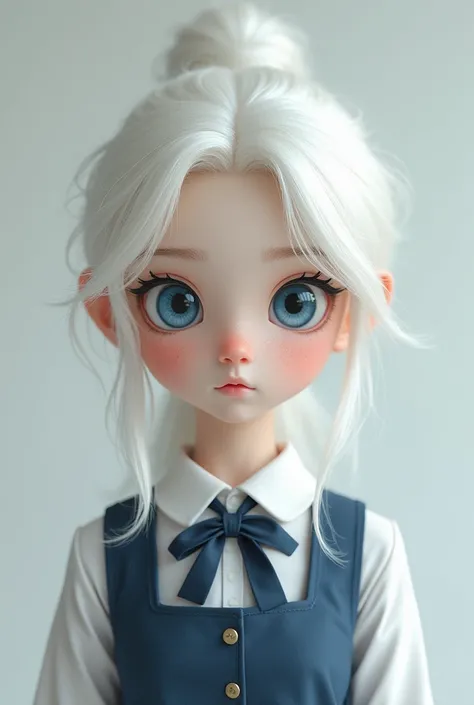 Girl with pale skin whit platinum white hair blue eyes and freckles on her face wearing a school uniform