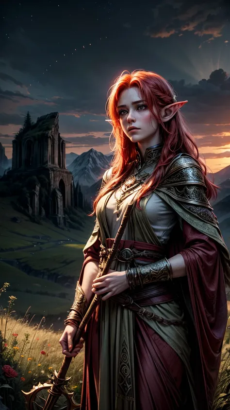 Ultra-realistic, highly detailed, cinematic fantasy art. A fiery red-haired female elf druid standing confidently amidst a circle of ancient stone monoliths covered in glowing runes. Her revealing attire is made of intricately woven leaves and bark, accent...