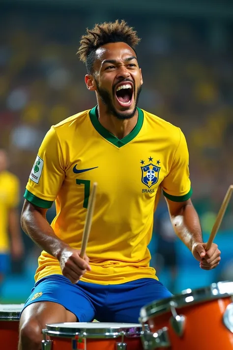 Famous football player Neymar Jr, in his Brazil football team Jersey enthusiastically playing drums with vibrant movements. The background is blurred looking like also a football stadium.

