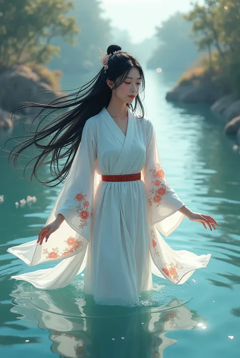 "Anime"Black long-haired woman wearing white kimono dancing traditional Japanese style in the middle of the river