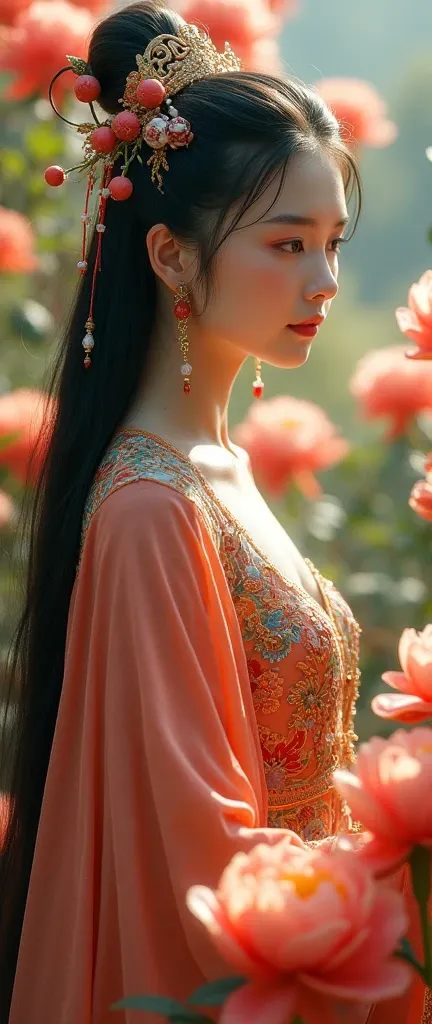 New Chinese style national style blockbuster，Hyperreal，Ancient fairy with long, flowing hair in a colorful fairy dress ，Wear gorgeous hair accessories， standing next to peony flowers，Various angles