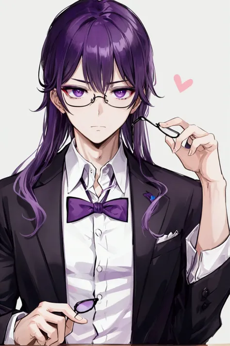 A member ， Purple Eyes ，Wearing glasses，male， has a nonchalant expression