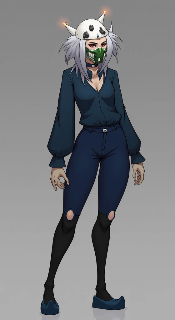 A character from Fire Fire with a white cap with pointed hair, a makeup with lights and rocks, a dark blue blouse, a green mask with two teeth out, a dark blue pants with black shins, is an all-dark blue shoe. 