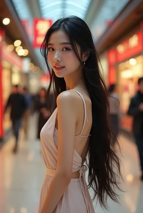 "Image of a beautiful Chinese girl resembling Zhou Xinyu, standing elegantly in a modern mall. She has long, flowing black hair, striking features, and a radiant smile. Dressed in a chic and elegant outfit, perhaps a stylish dress complemented by fashionab...