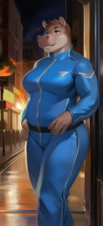 Solo, female Tall​,mannequin, standing, street,hippo ​,She has fire storm powers., blue military spacesuit, overweight, muscular, Paranoia,by chunie