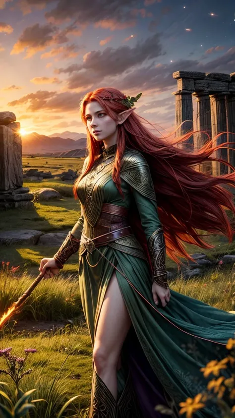 Ultra-realistic, highly detailed, cinematic fantasy art. A fiery red-haired female elf druid standing confidently amidst a circle of ancient stone monoliths covered in glowing runes. Her revealing attire is made of intricately woven leaves and bark, accent...