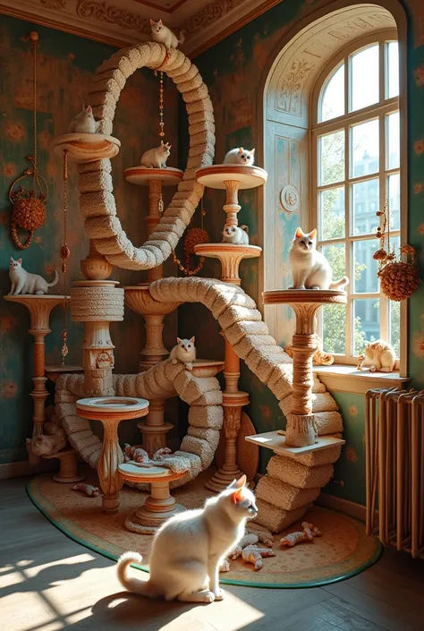 Cat tower loop made from Rube Goldberg machines are strung throughout the room, bold design, ultra-delicate, delighted cute cats, art work, masterpiece, best quality, very aesthetic, absurdres, very aesthetic